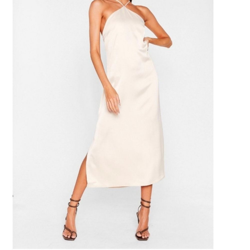 Nasty Gal At Ease Satin Off White Halter Spaghetti Strap Midi Dress Sz 8